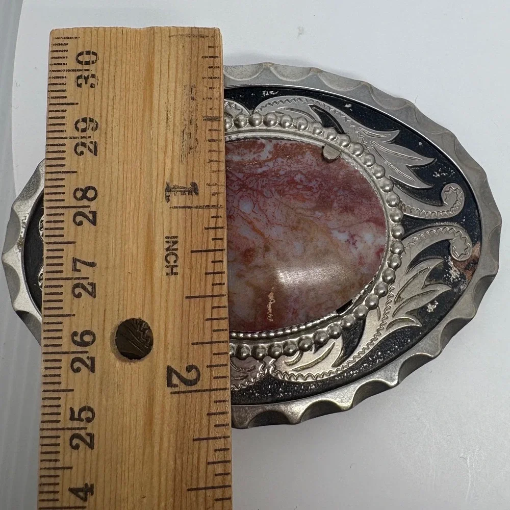 Western Interchangeable Stone Belt Buckle Silver Tone Agate‎ Jasper 3.5in